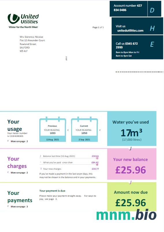 UNITED KINGDOM UNITED UTILITIES rachunek za media Word i PDF template